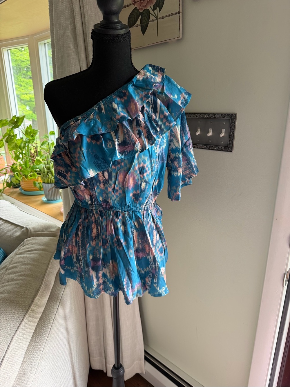 Savanna Jane Teal Blue One-Shoulder Ruffle Tunic
